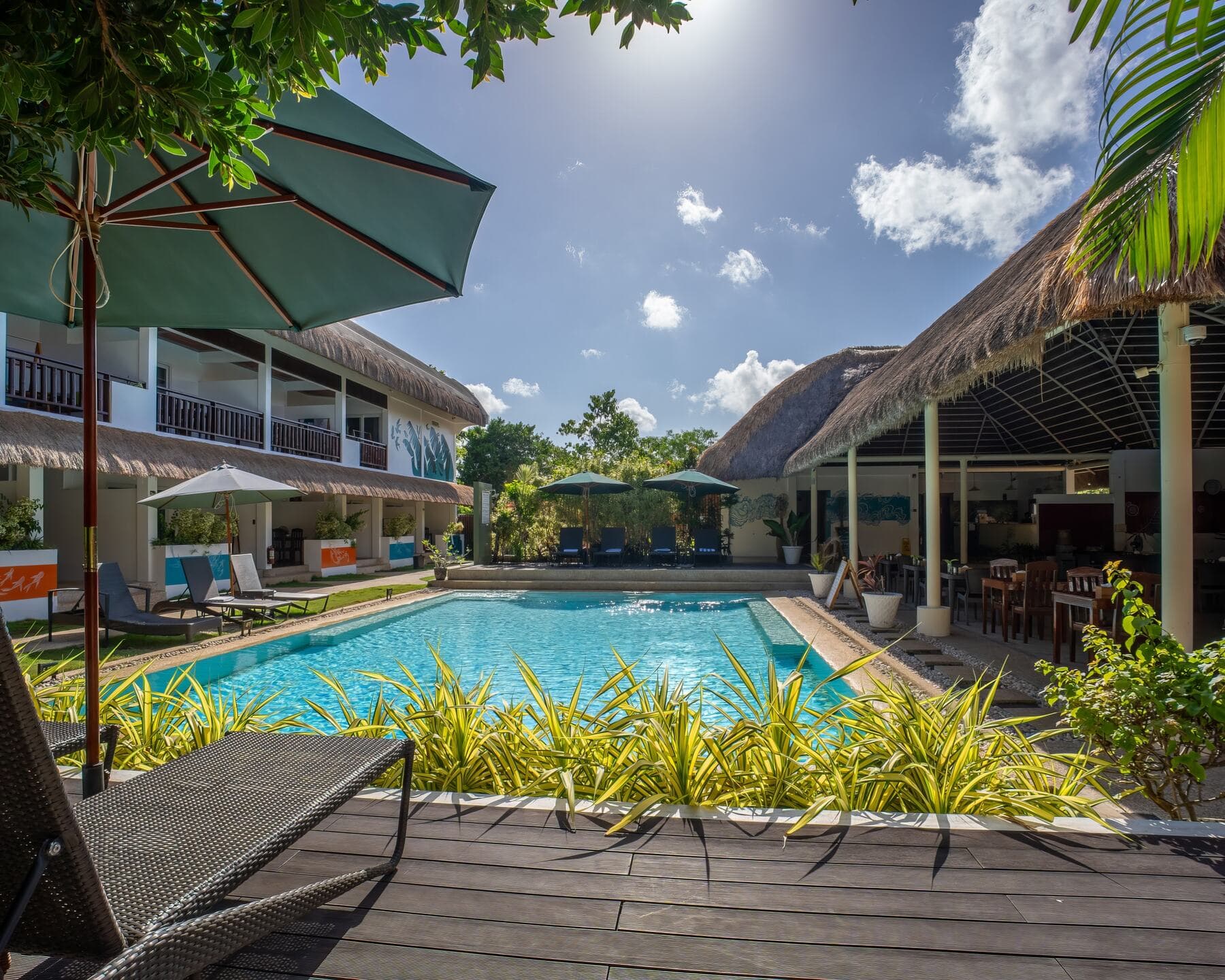 Poolside deck and dining pavilion in the morning