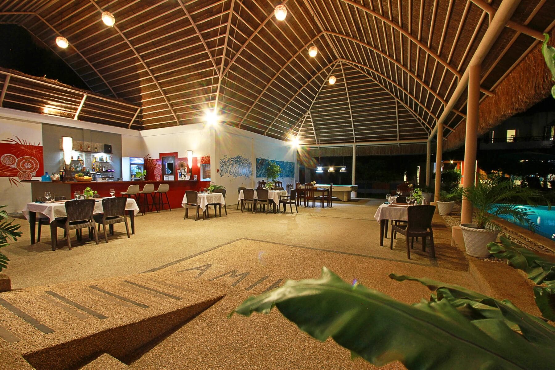 Restaurant and bar seating in the evening